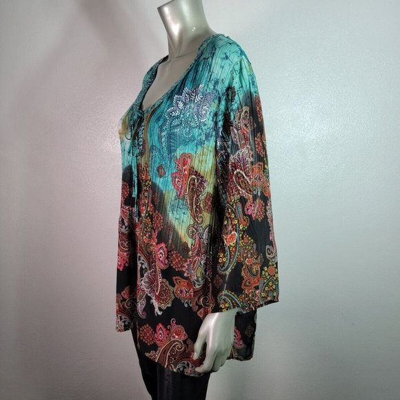 Dressbarn Peasant Top Plus Size 1X  Paisley Tie Neck 3/4 Sleeve Sheer Blue‎ - Picture 3 of 6